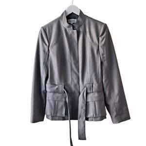Calvin Klein Gray High Neck Snap Button Long Sleeve Blazer w Belt - Size 10